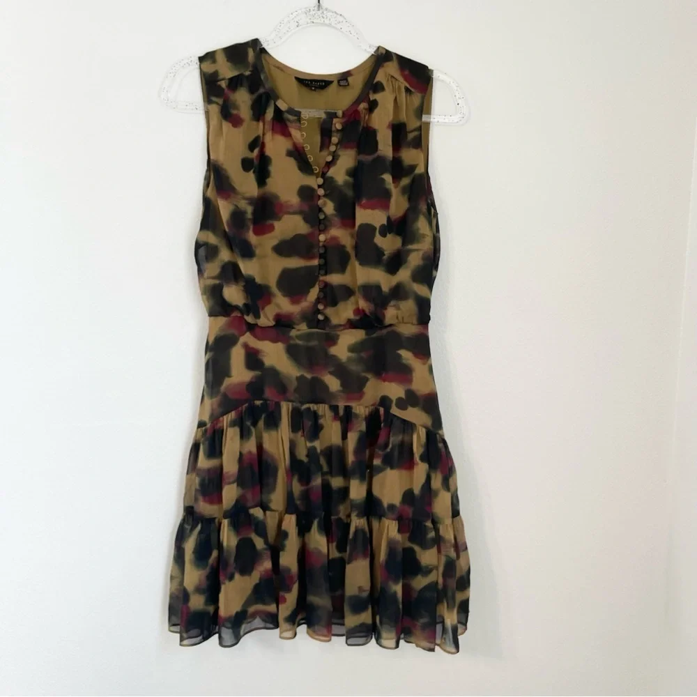 TED BAKER DRESS ELVINIA ANIMAL PRINT BUTTON UP GGT MINI DRESS BROWN. Size 2 - Picture 2 of 12